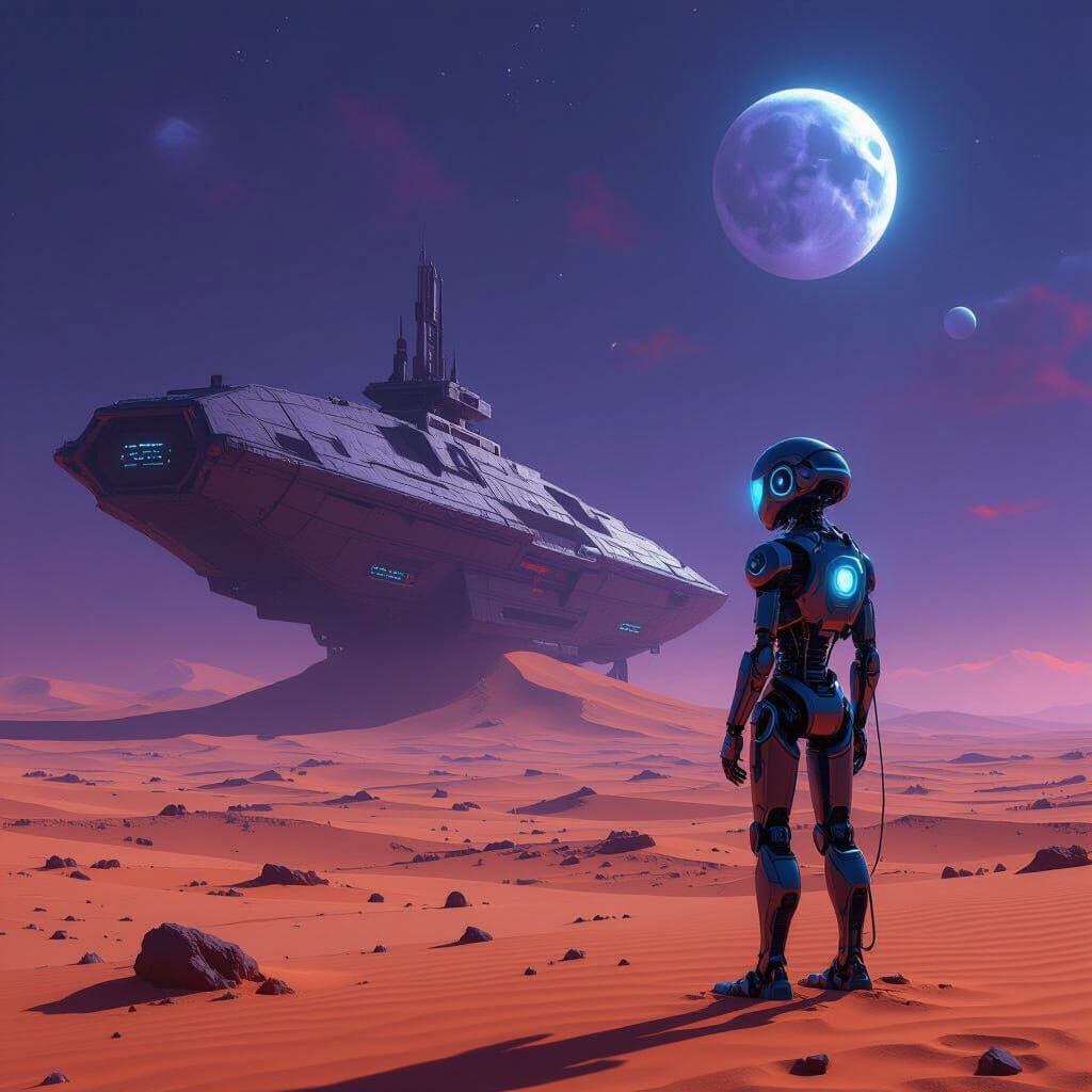 Automaton Gazes at Derelict Spaceship on Alien World