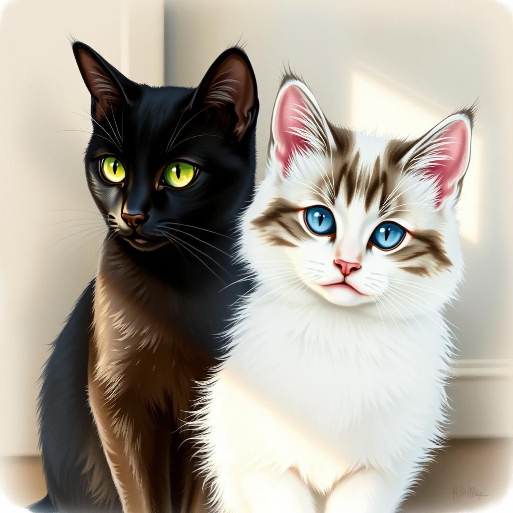 Black and White Cats in Watercolor Style