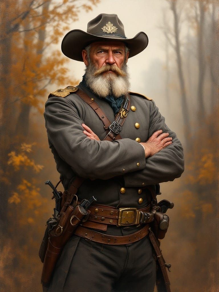 Confederate Officer in Autumn Landscape, Oil Painting Style