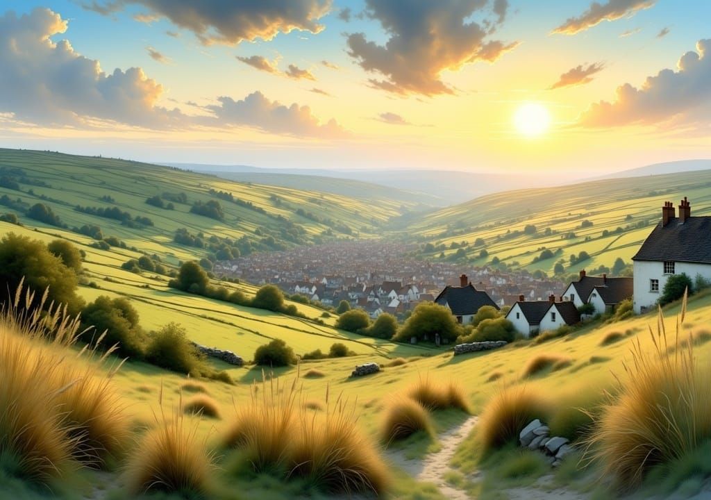 Town View at Sunset: Impressionist Landscape