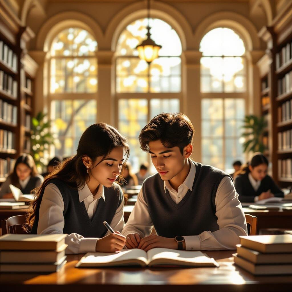 Student Studying in Sunlit Academic Art Style University Hal...