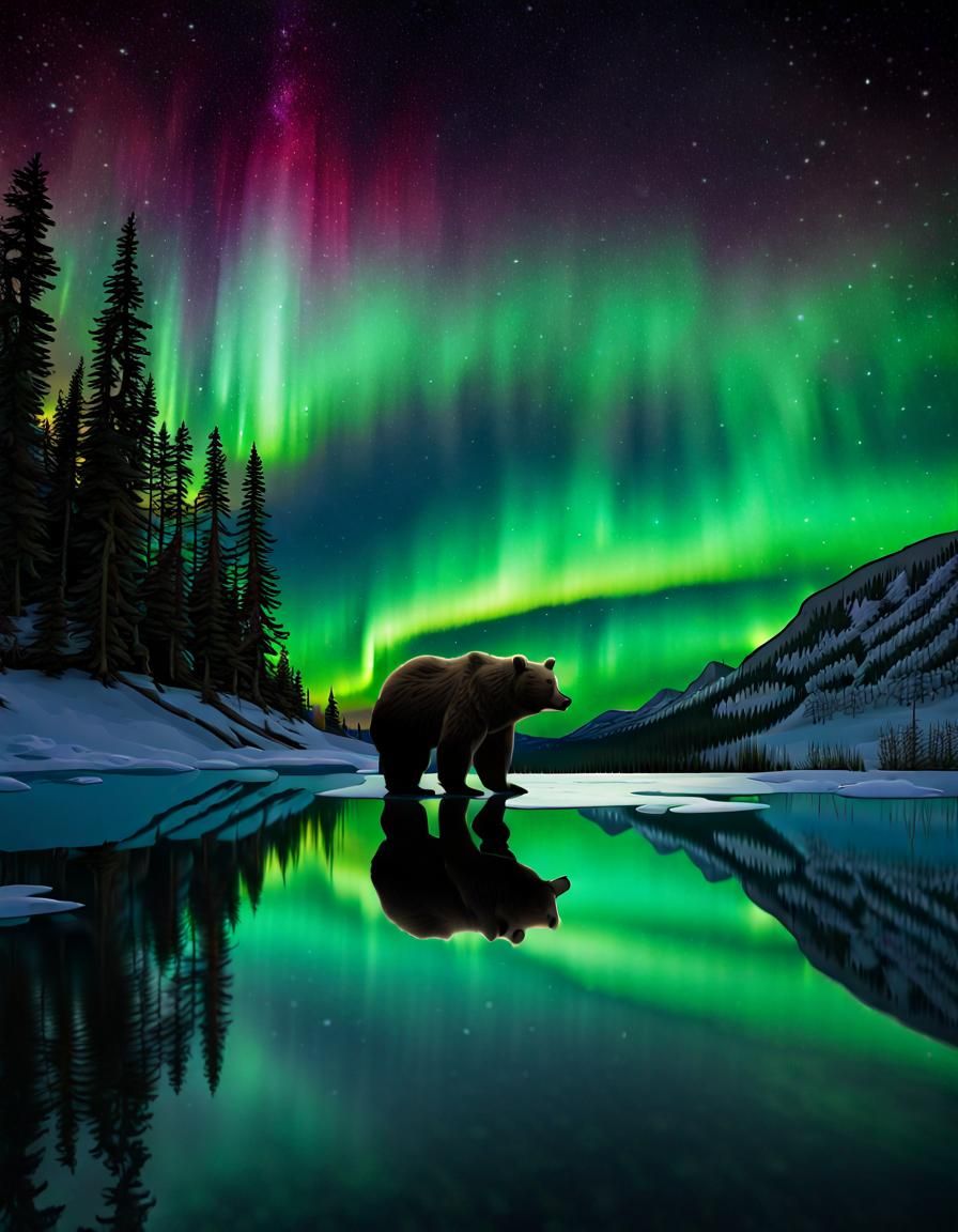 Bear Gazing at Aurora Reflection in Lake