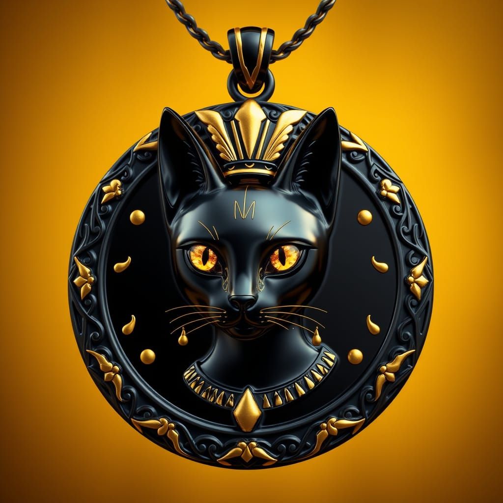 Golden Kintsugi Pendant with Feline Nefertiti Portrait