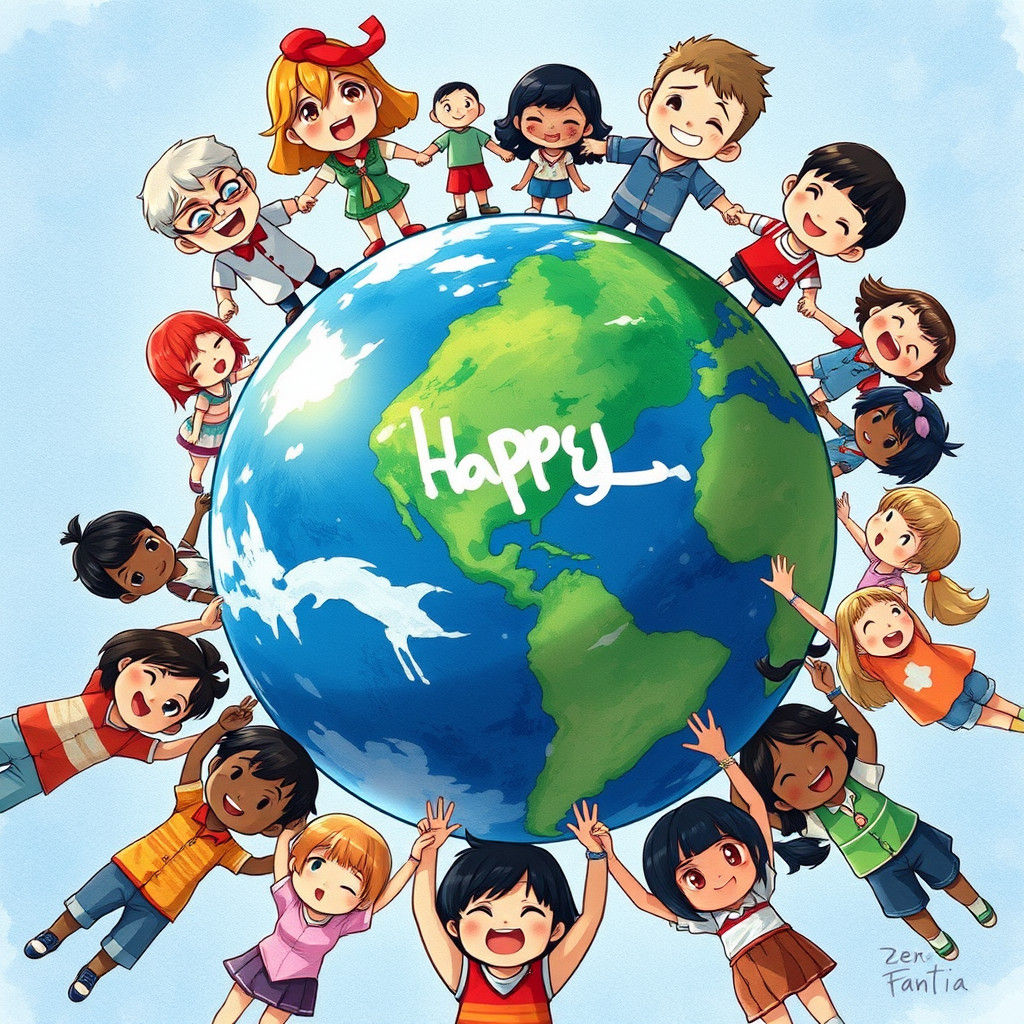 Earth Illustration with People Holding Hands in Anime Style
