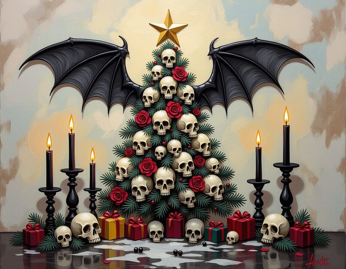 Surreal Crypt Christmas Tree in Dramatic Impasto Style