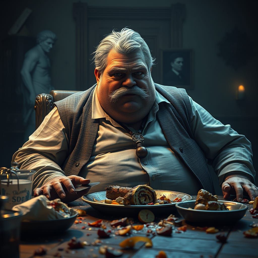 Heavyset Gentleman Indulges in Slothful Feast