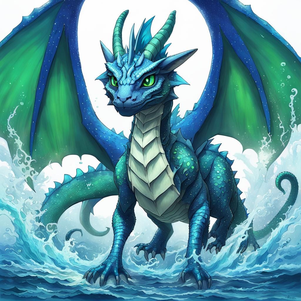 Blue Medieval Water Dragon in Anime Style