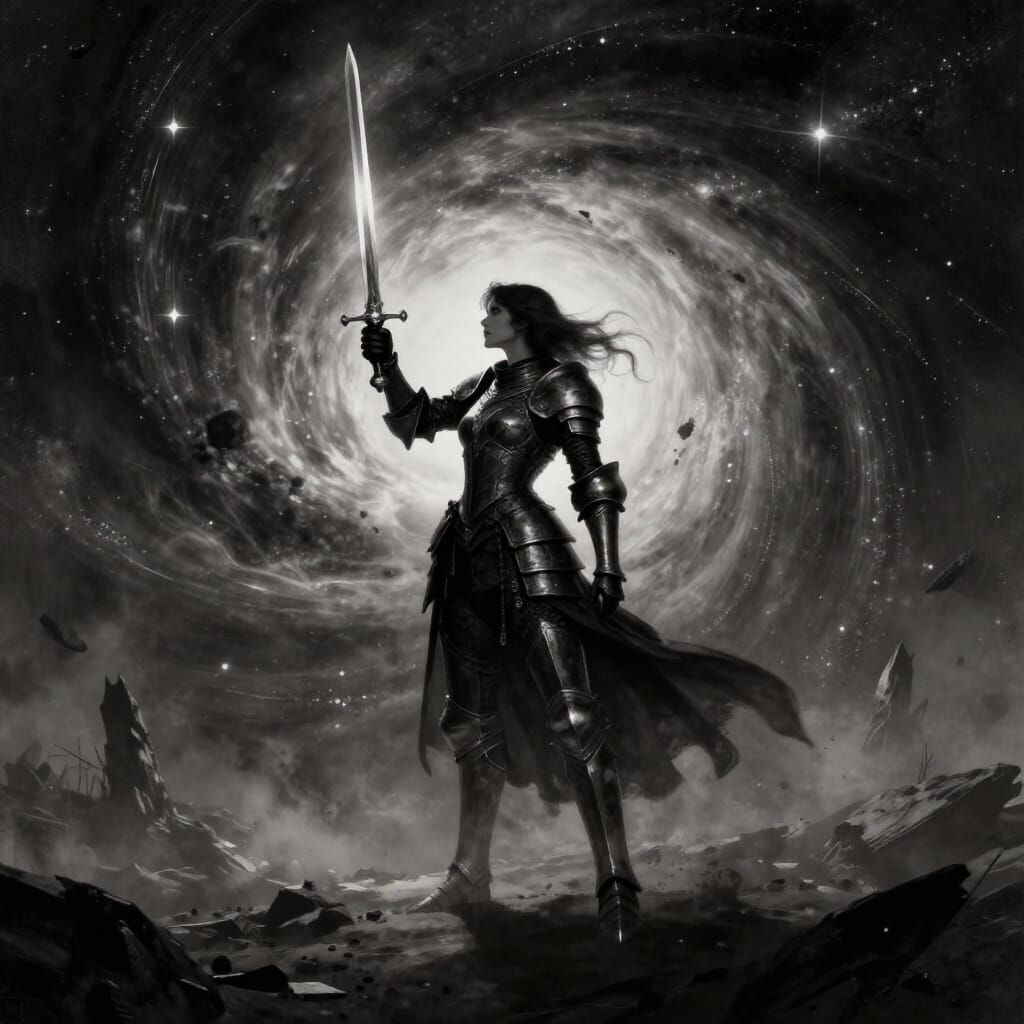 Curvy Knight Silhouetted Against Cosmic Vortex