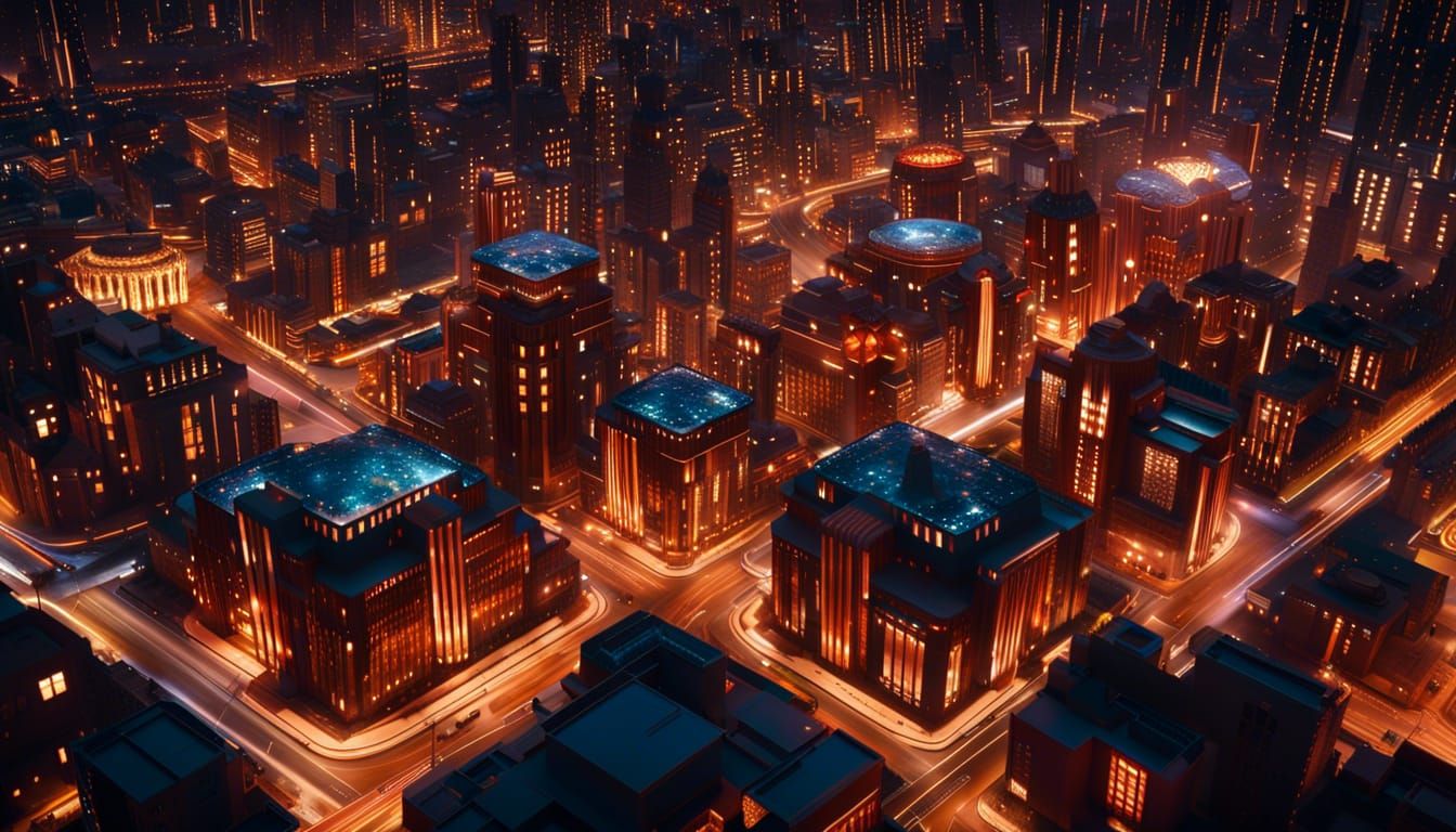 Futuristic Cityscape at Night in Art Deco Style