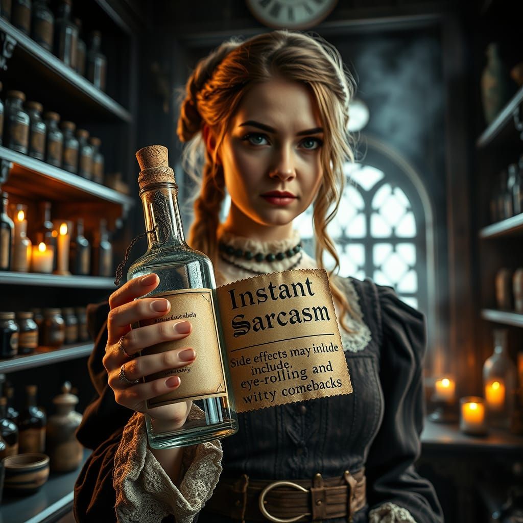 Magical Potion with Witty Label in Mystical Apothecary