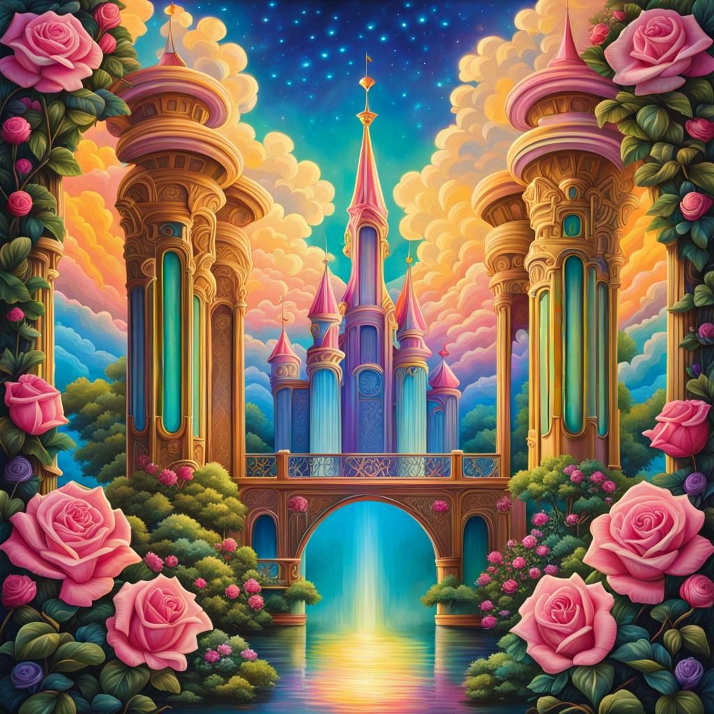 Cloud Castle with Neon Lights in Art Deco Style