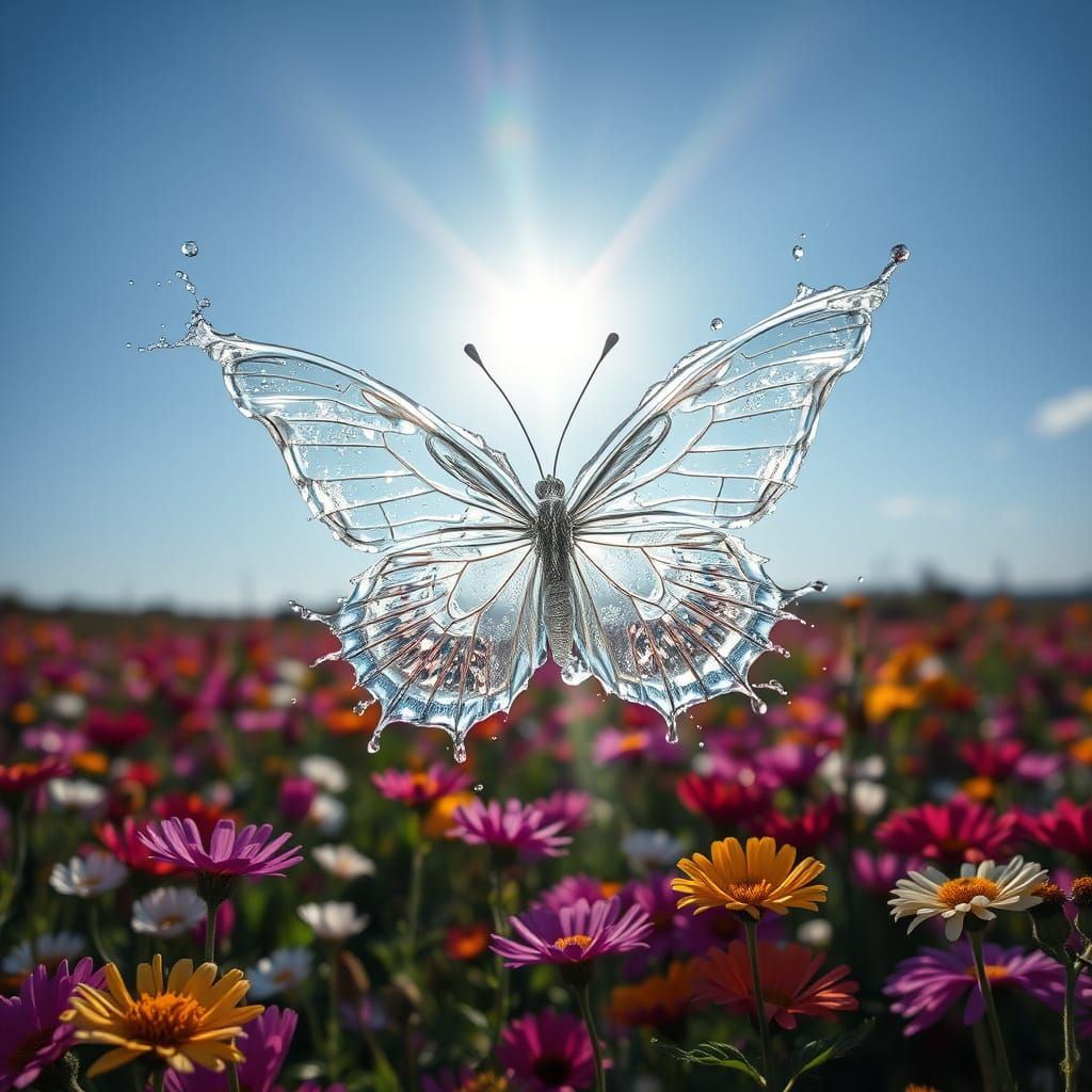 Transparent Water Butterfly in Flight Over Flower Meadow