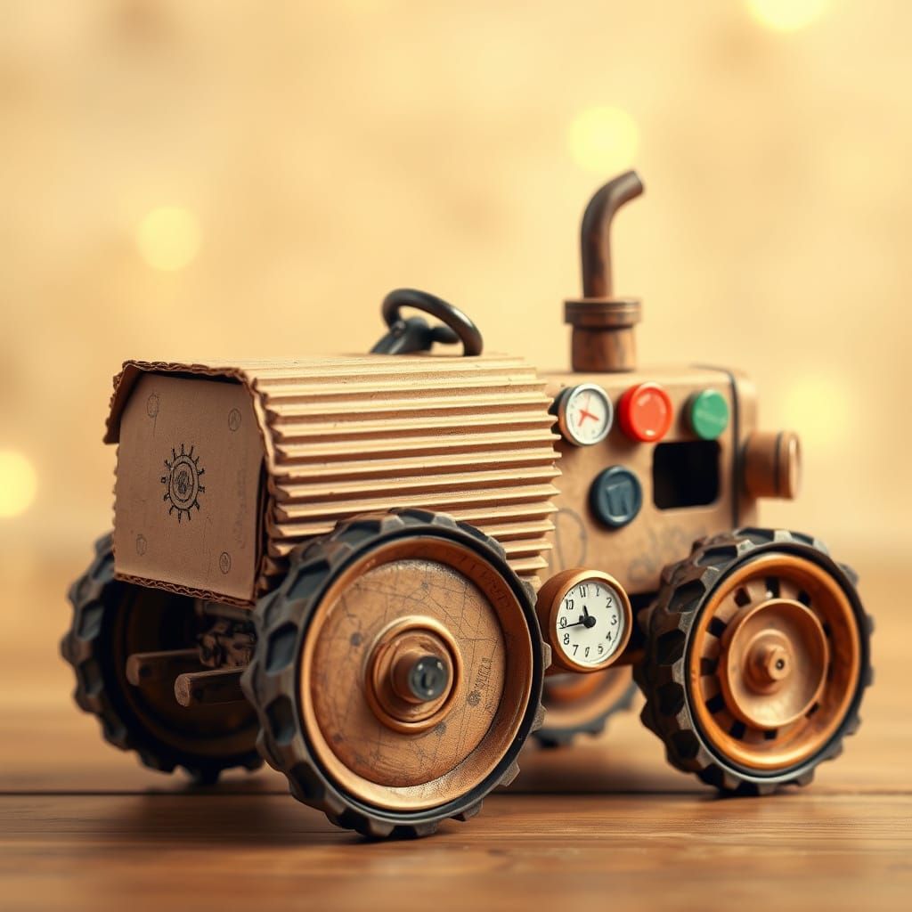Whimsical Recycled Toy Tractor in Folk Art Steampunk Style