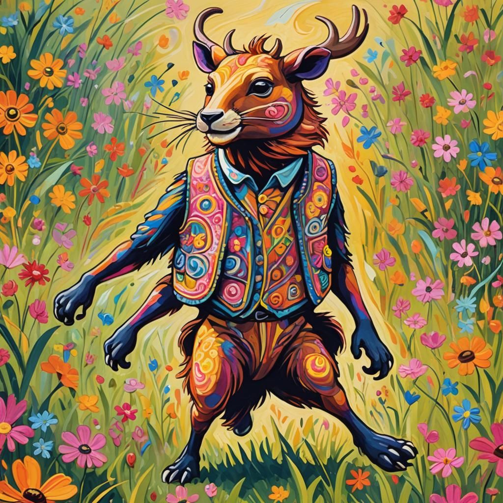 Caramelo Animal Dancing in Sunny Meadow, Fauvism