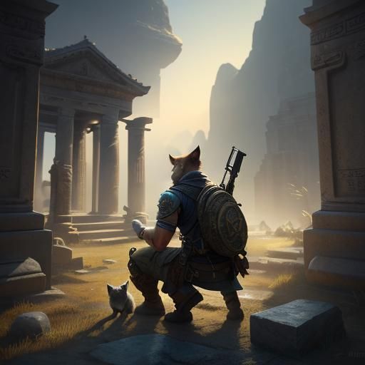 Mystical Temple: Man with Gun Points at Cat