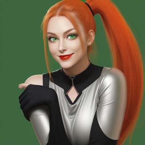 Beautiful Woman smiling cleverly, orange long ponytail, green eyes , red lips, silver top shirt, green Colan, black long...