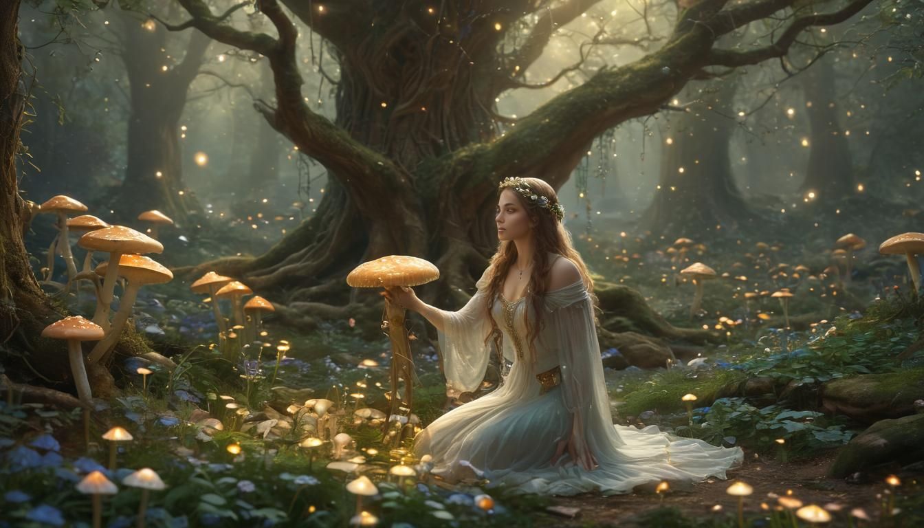 Gentle Sorceress in Mystical Forest, Ethereal Fantasy