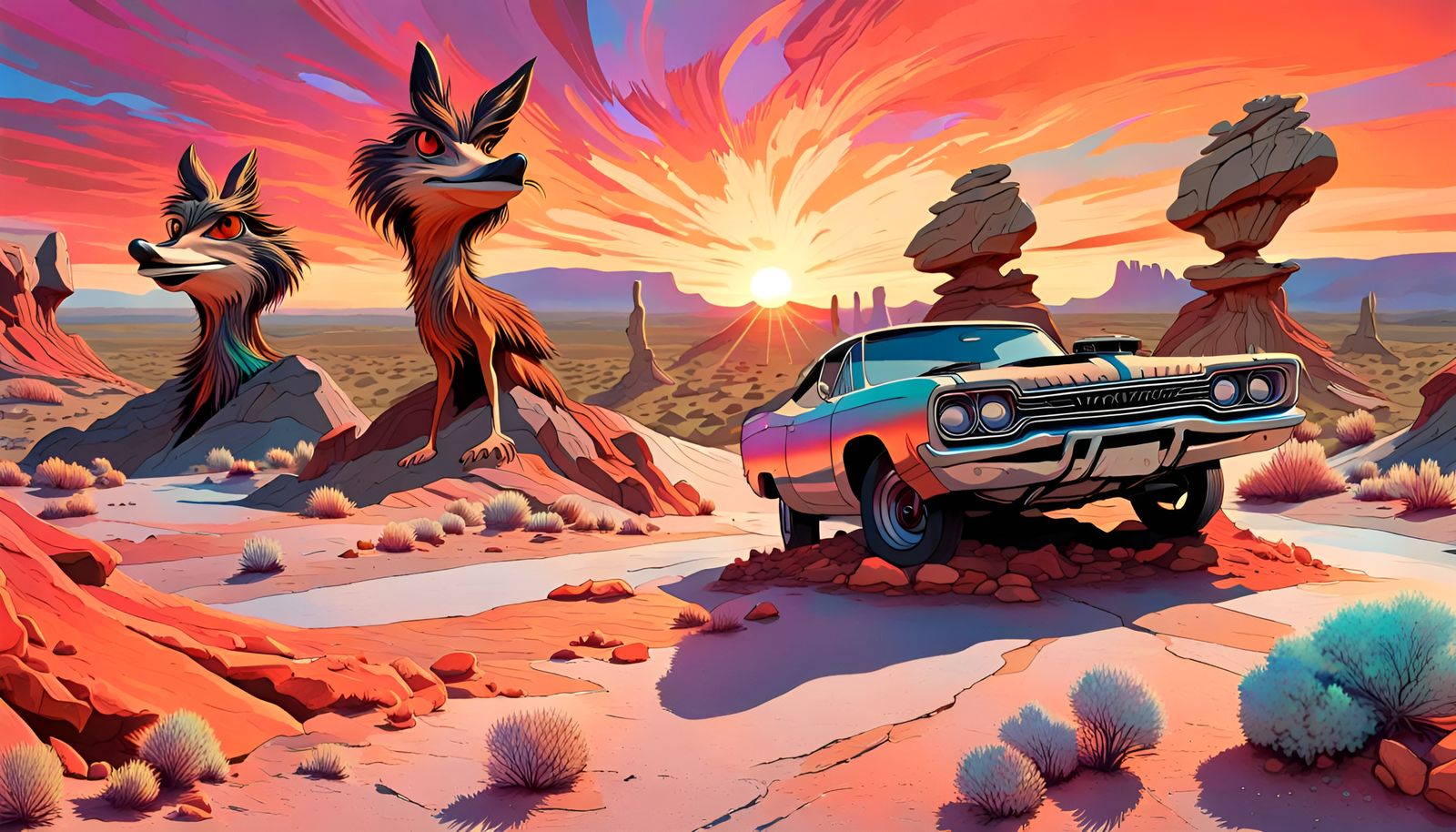 Surreal Desert Double Exposure: Coyote and Roadrunner