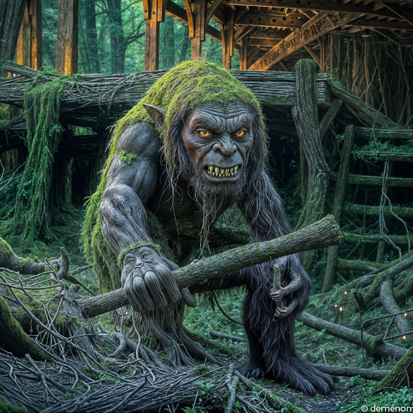 Moss Troll Lurking Under Bridge in Dark Forest