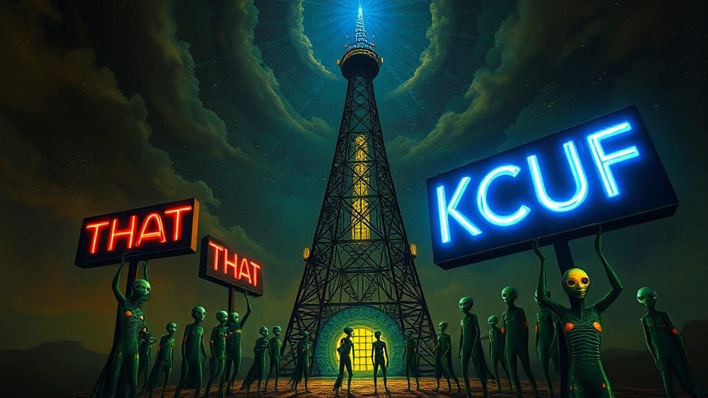 Mystical Radio Tower with Glowing Aliens in Surreal Style