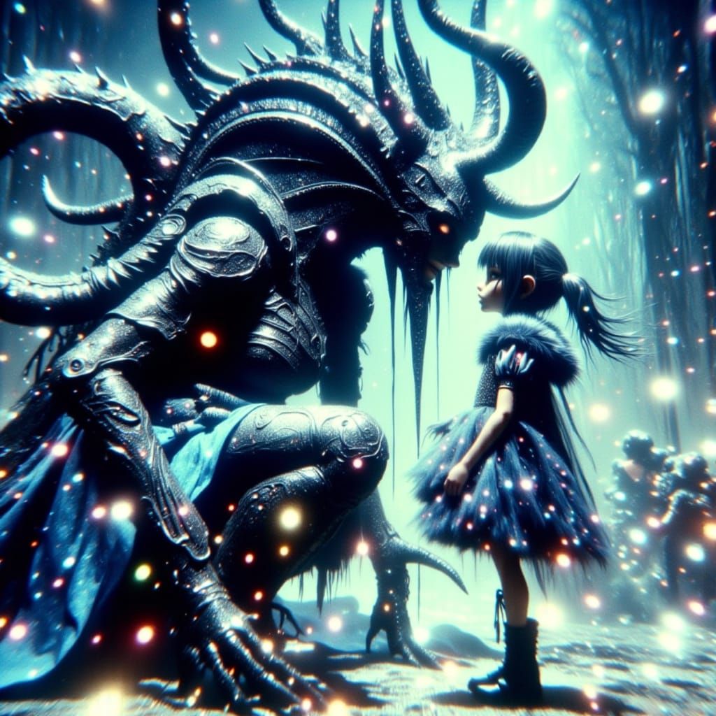 Gargantuan Deity Meets Defiant Girl in Epic Anime Visual