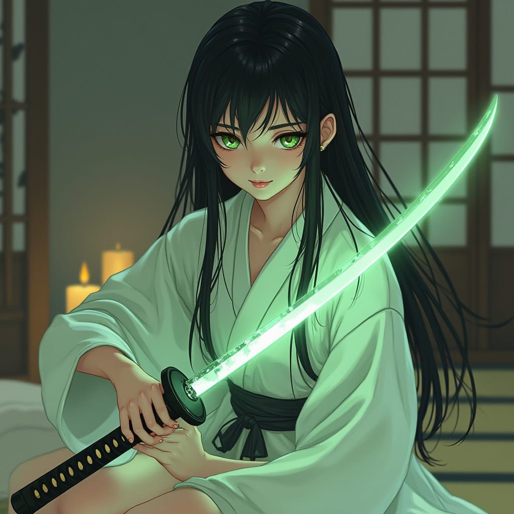 Serene Japanese Ninja Princess in Cherry Blossom Night Robe