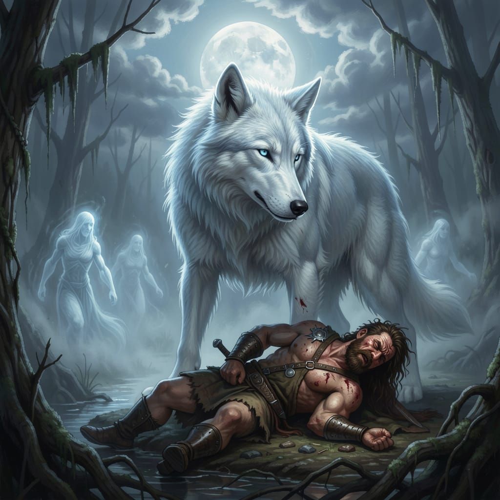 Silver Wolf Guards Wounded Barbarian in Misty Swamp
