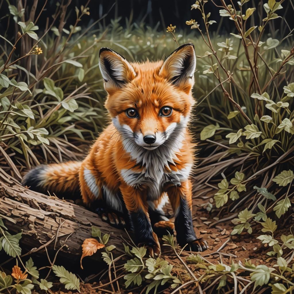 Detailed Gouache Painting of a Baby Fox