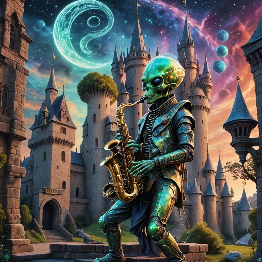 Alien Saxophonist in Cosmic Castle: Mixed Media Illustration
