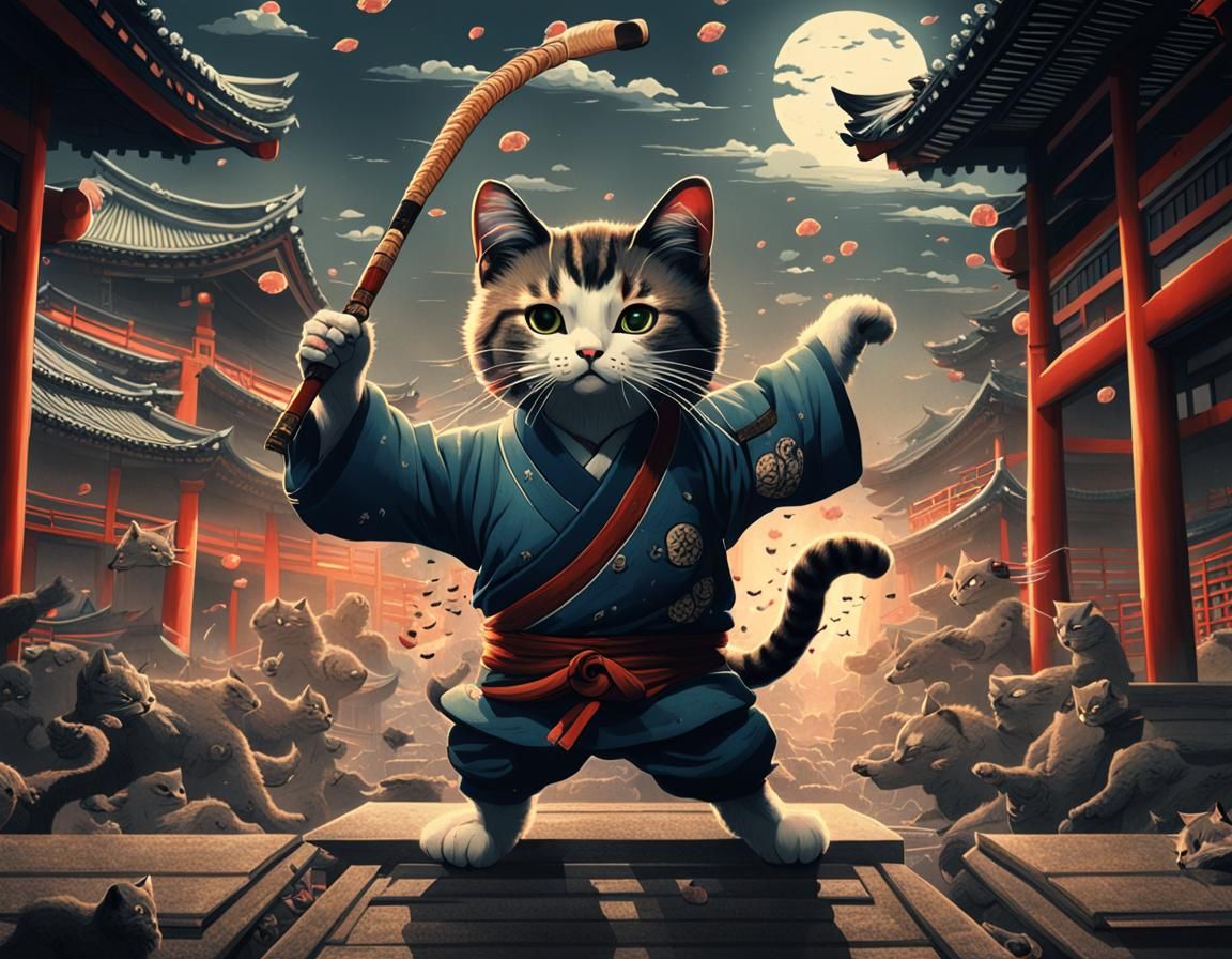 Ukiyo-e Kitty Attack: Epic Cinematic Digital Art