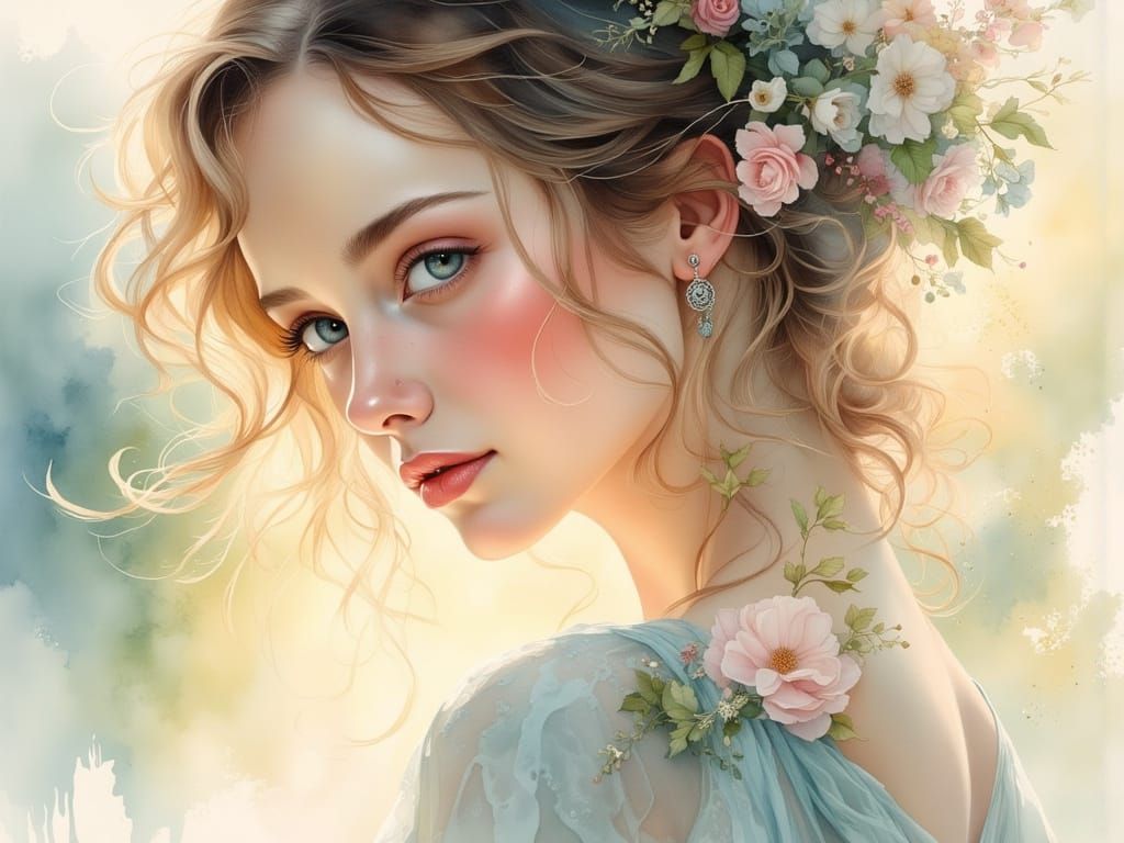 Enchanting Woman Portrait in Watercolor Impressionist Style