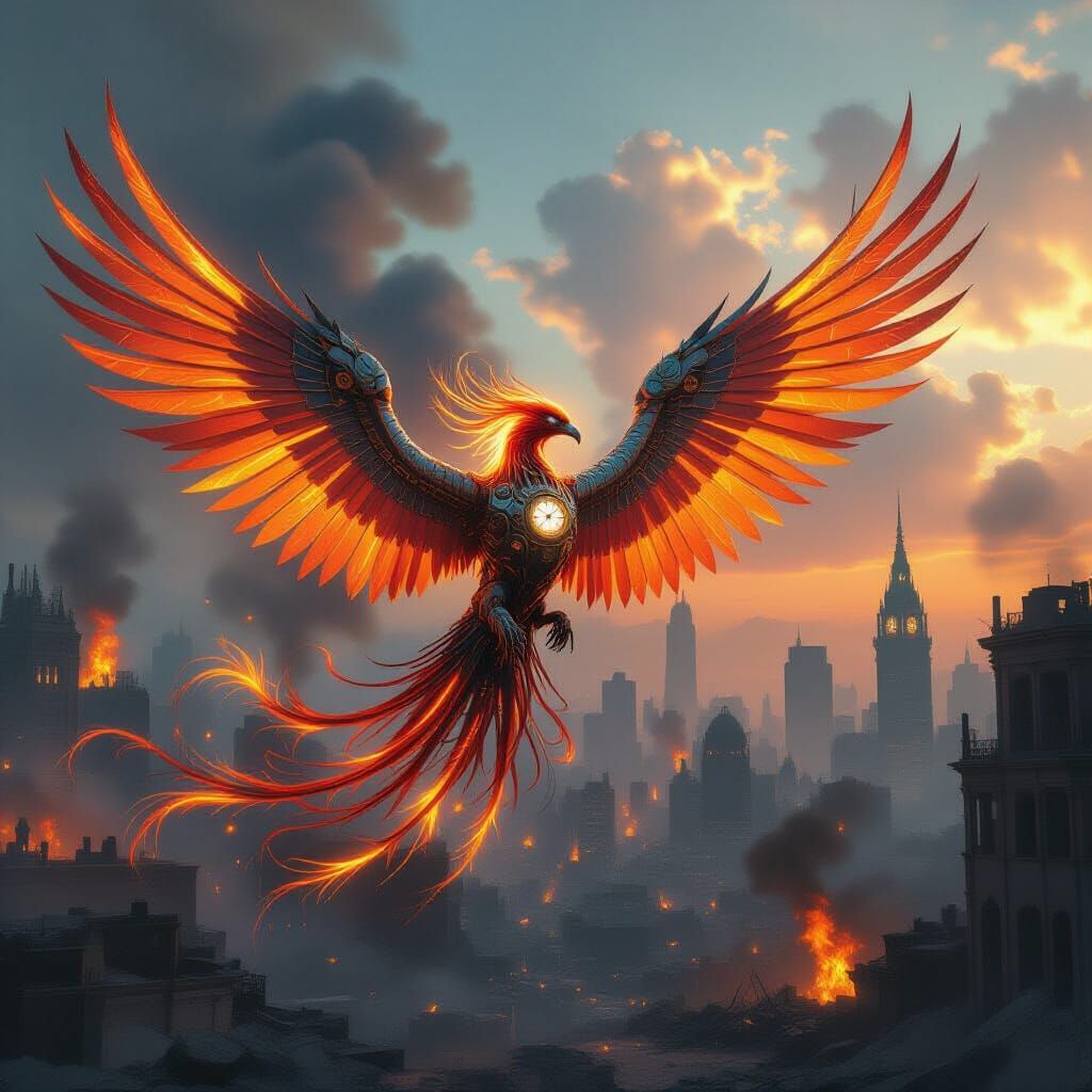 Biomechanical Phoenix Soars Above Burning City