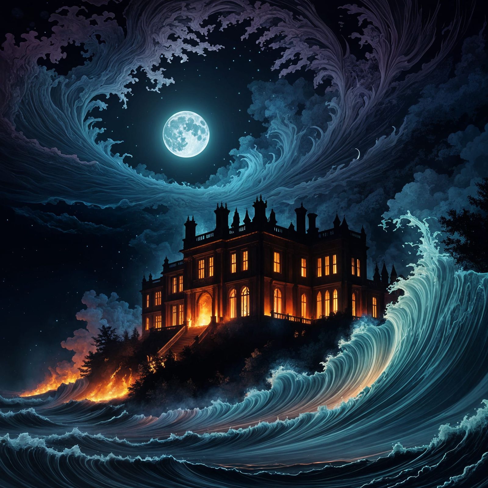 Manderley Hall Burning: Moonlit Inferno in Abstract Style