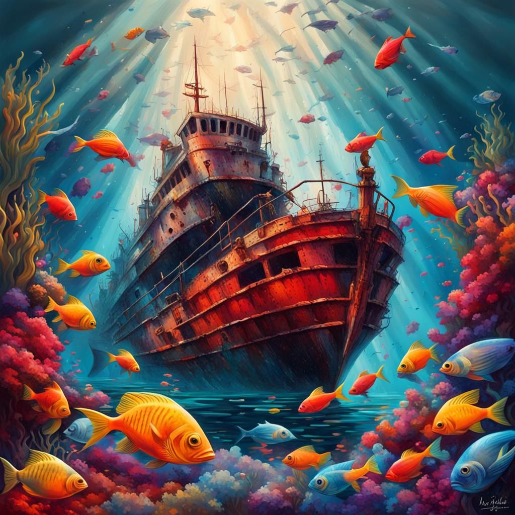 A sunken ship on the background of beautiful fish in the Red Sea