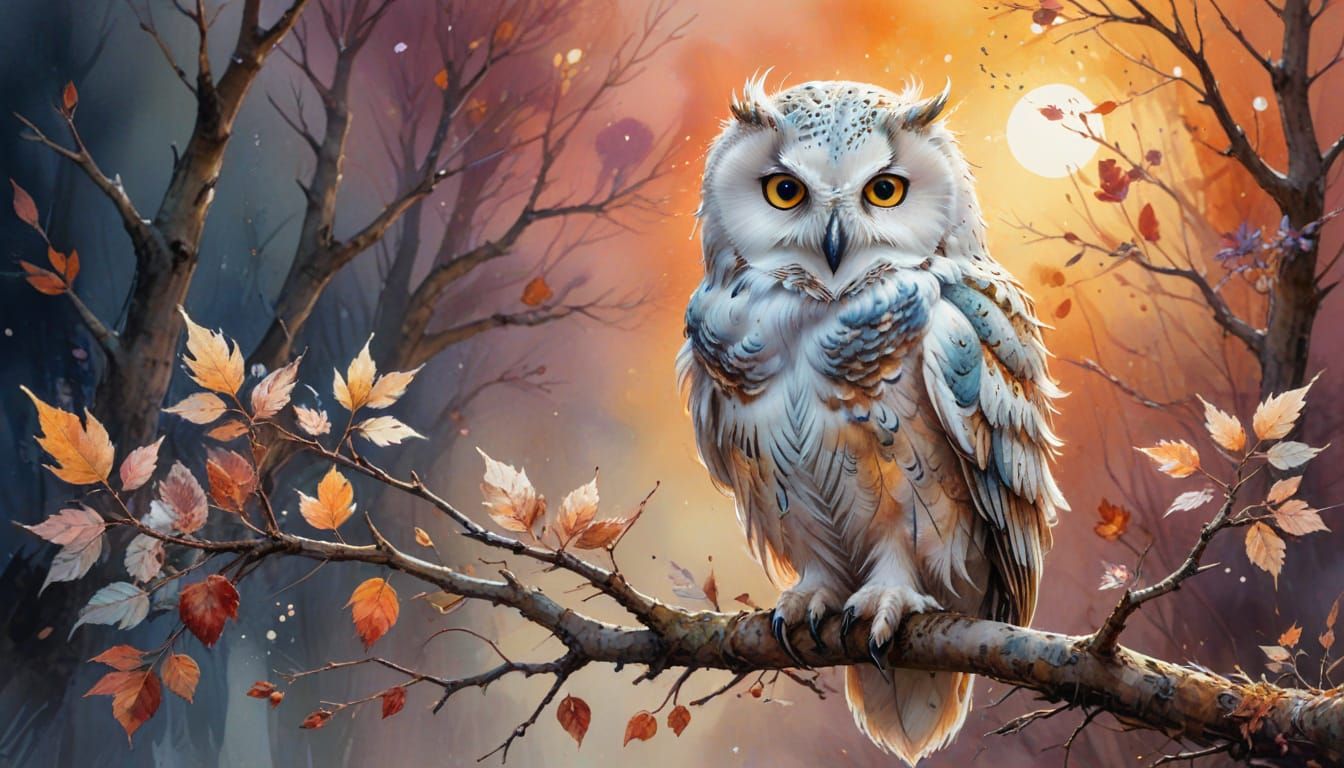 Snow Owl Amidst Autumn Branches in Vibrant Sunset