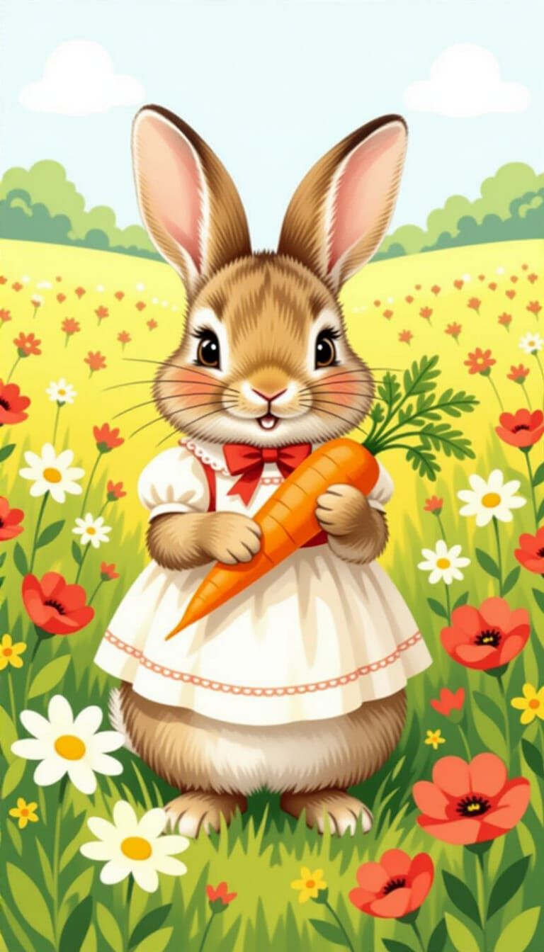 Cute Bunny Eating Carrot in Field