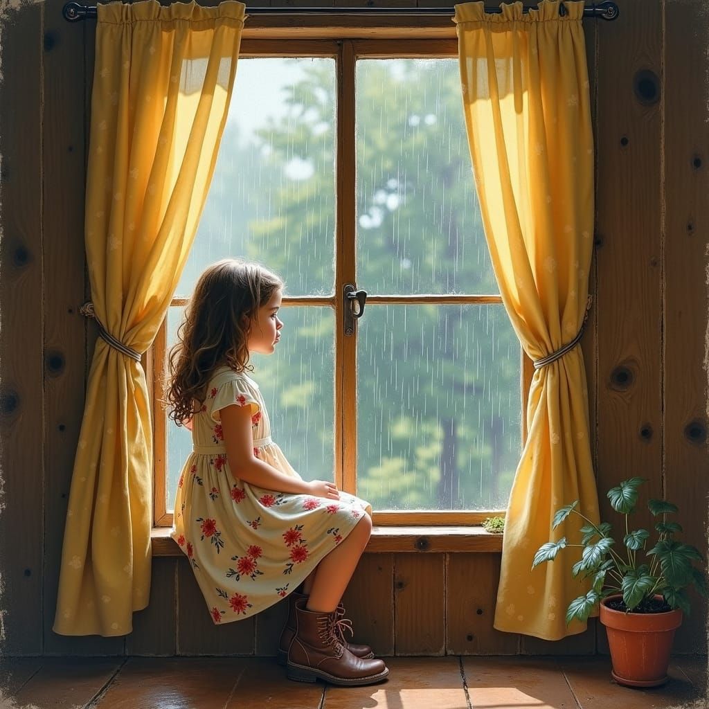 Girl in Cottage Watching Rain, Impasto Painting