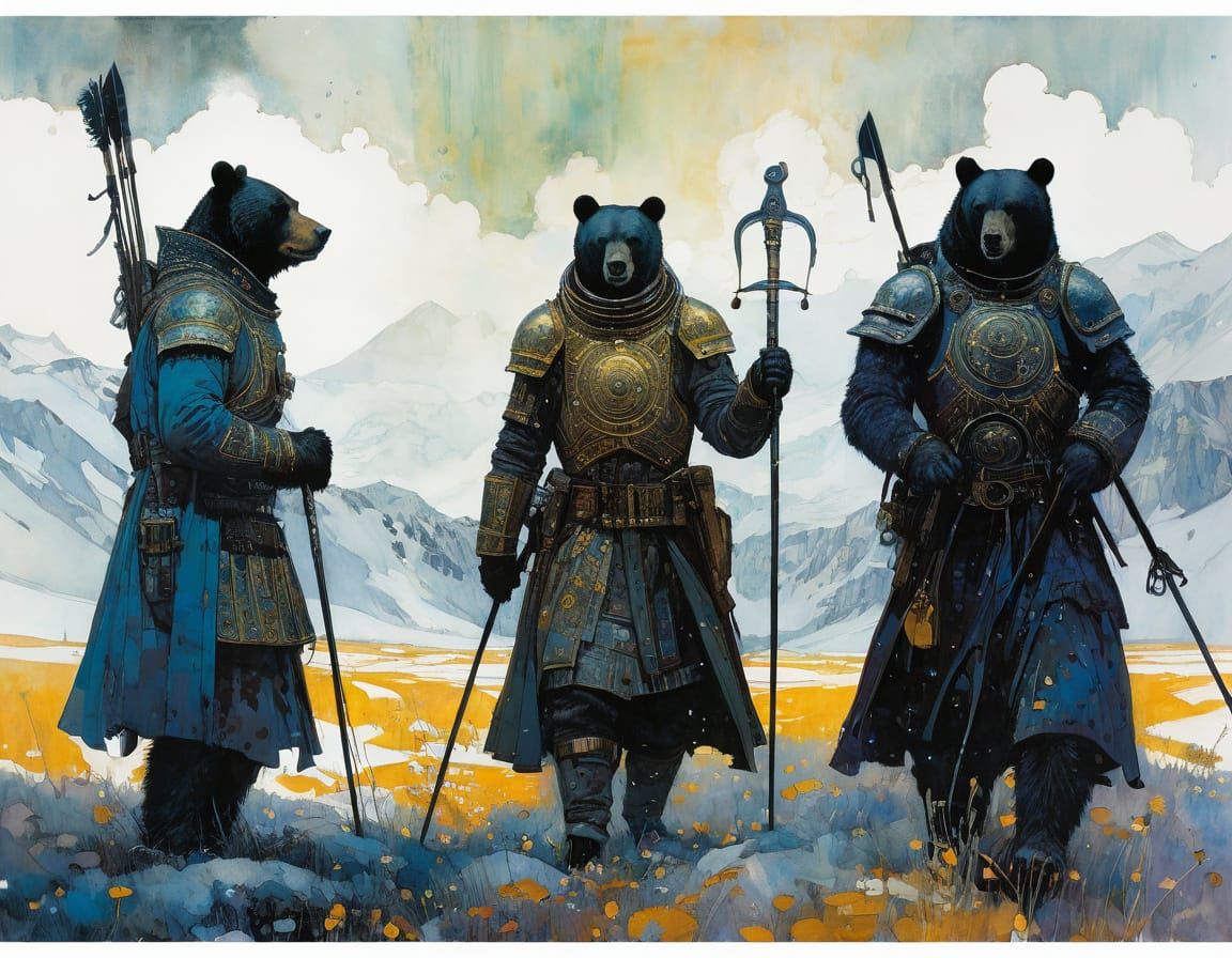 Armoured Bears in Dreamy Light: Detailed Matte Painting