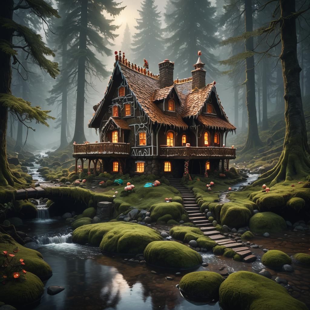 Enchanted Gingerbread House in Misty Forest