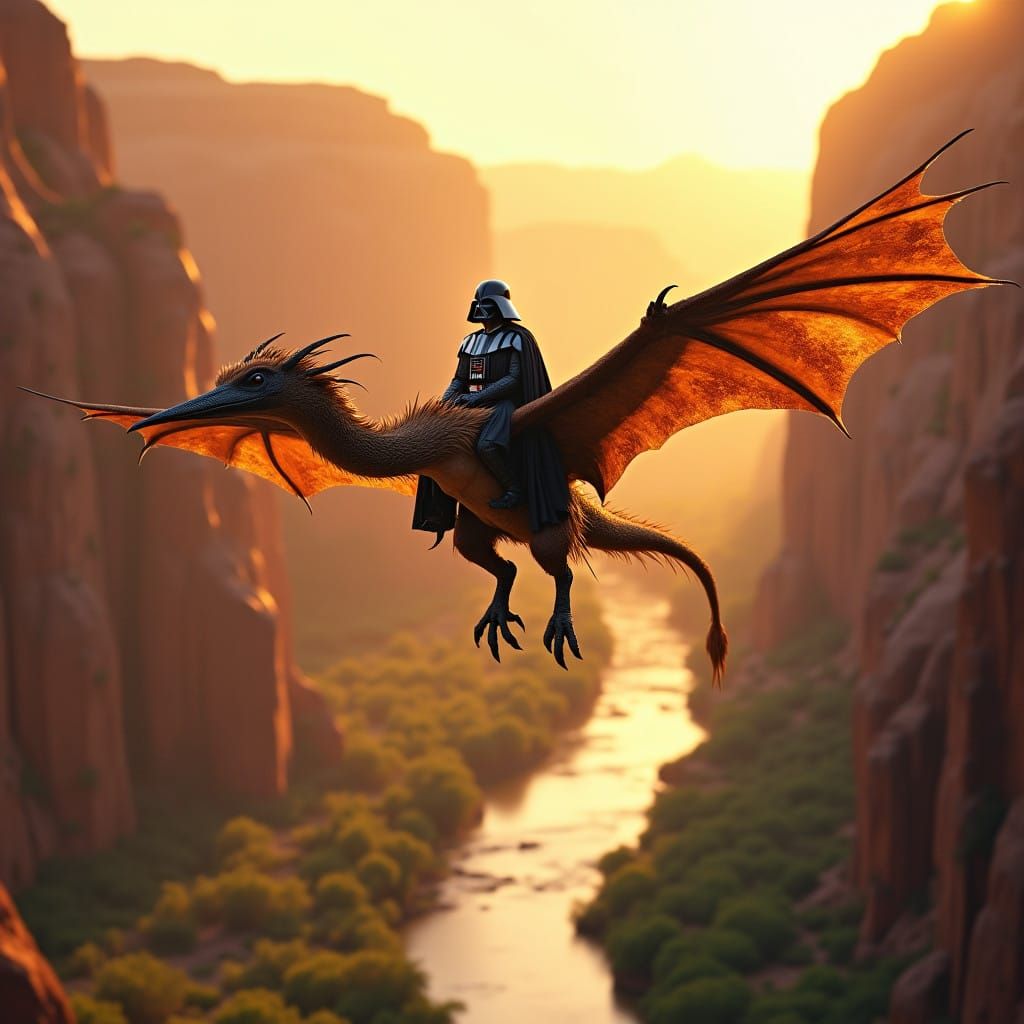 Flying Creature Soars Over Desert Canyon at Sunset in Epic F...