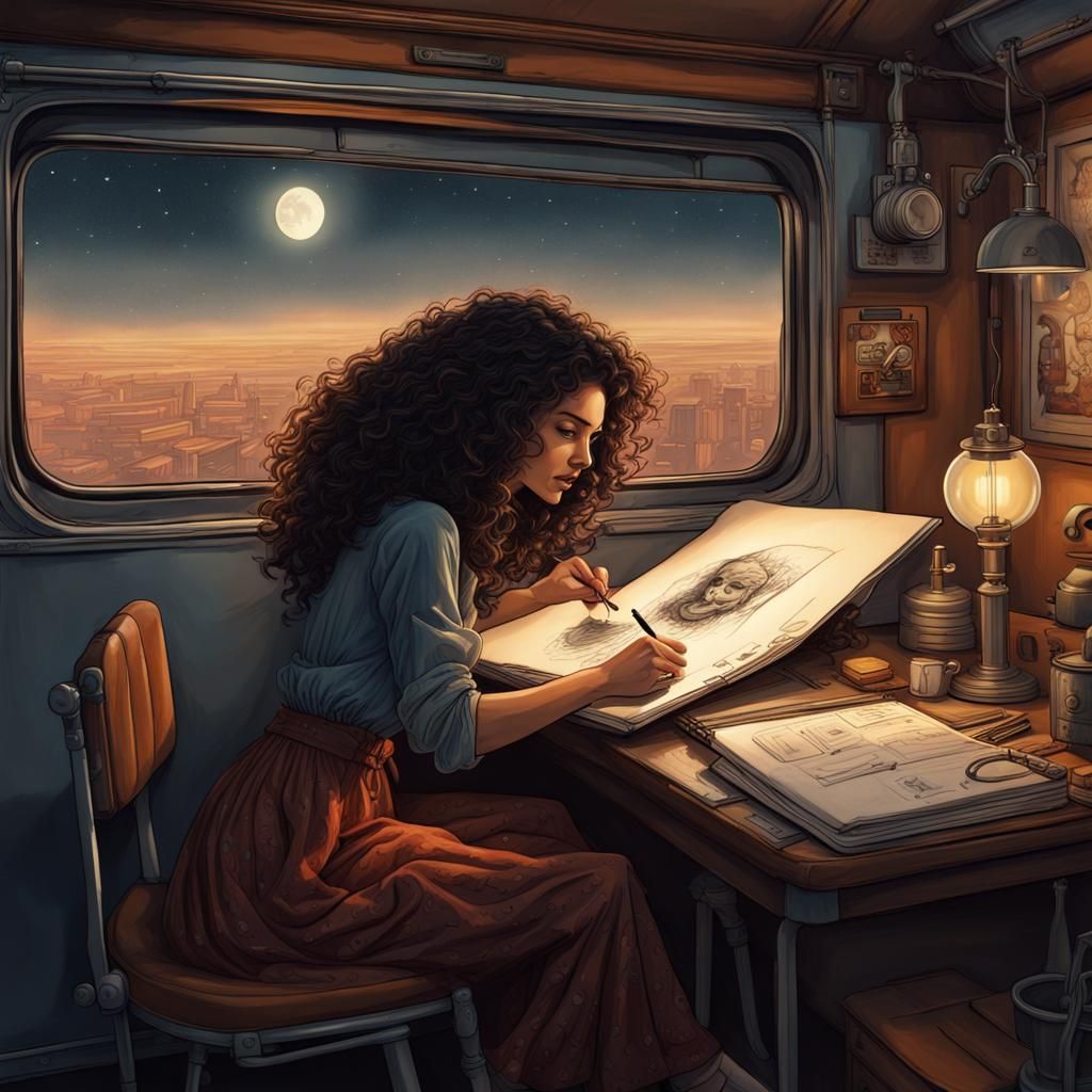 Artist on Night Train in 1970s Style
