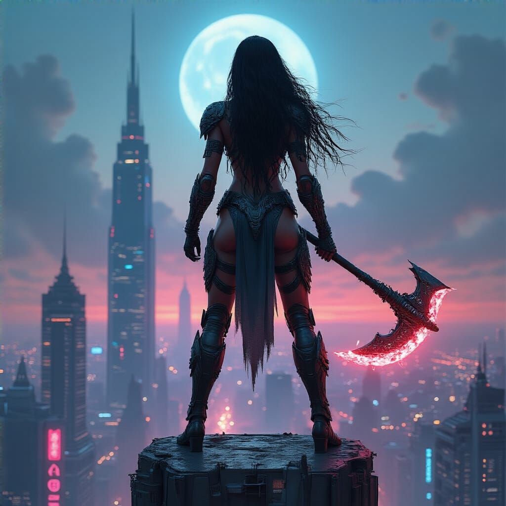 Alien Warrior Woman in Neon Cityscape