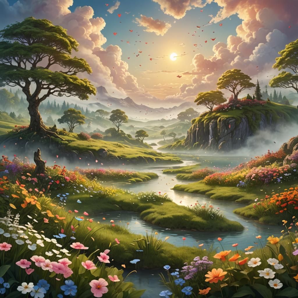 Enchanting Fantasy Landscape with Floating Hearts