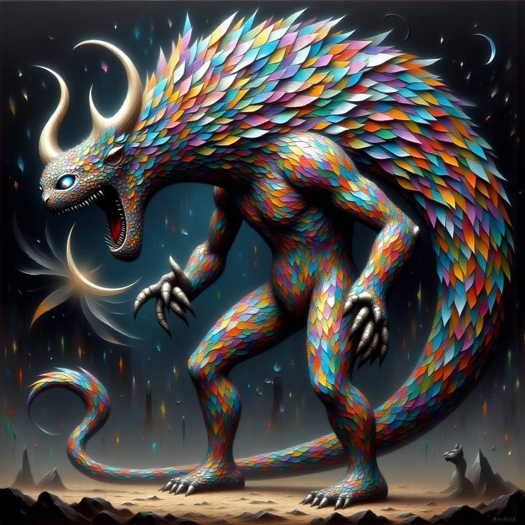 Surreal Mosaic Beast in Dark Fantasy Style