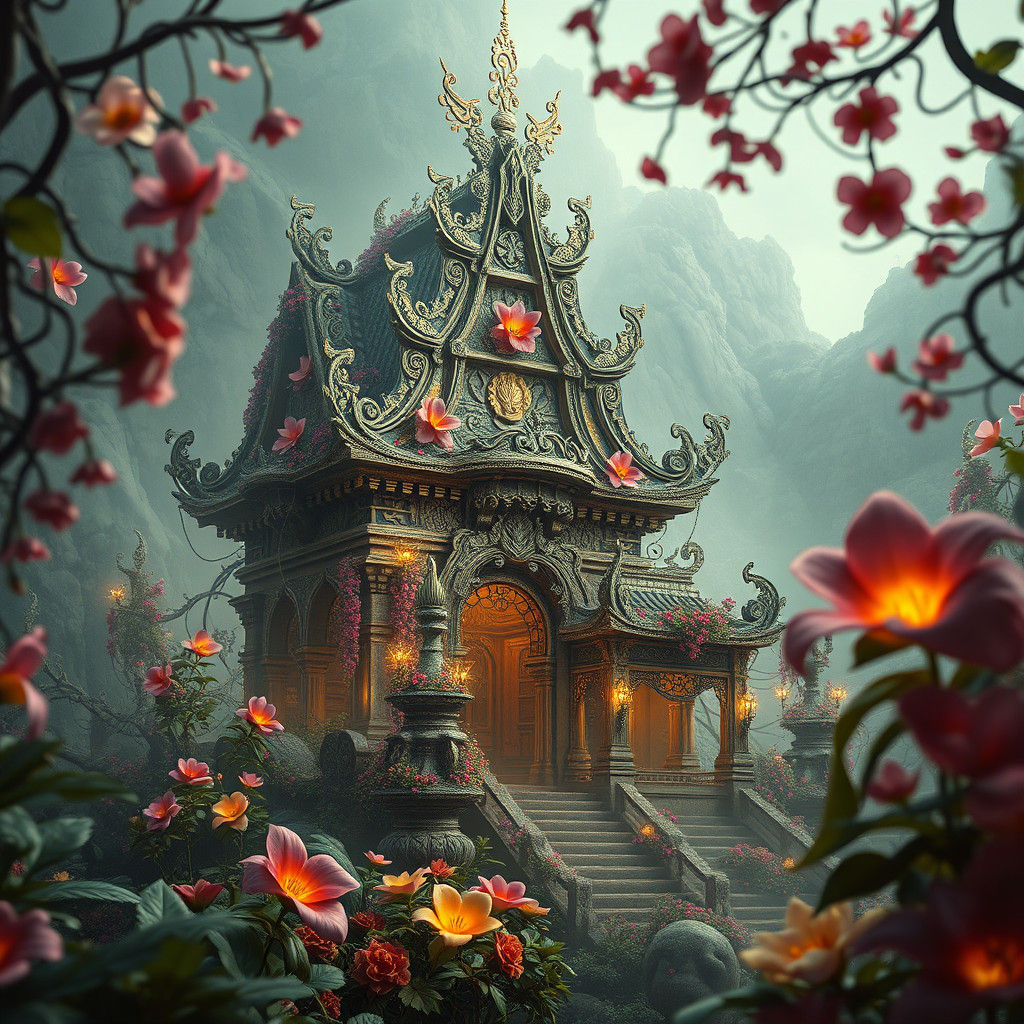 Ornate Temple Adorned with Exotic Flowers
