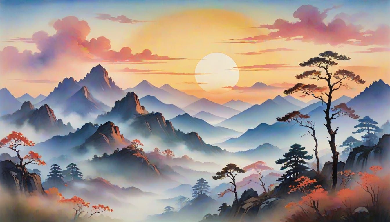 Asian-Inspired Mountain Sunset with Misty Fog