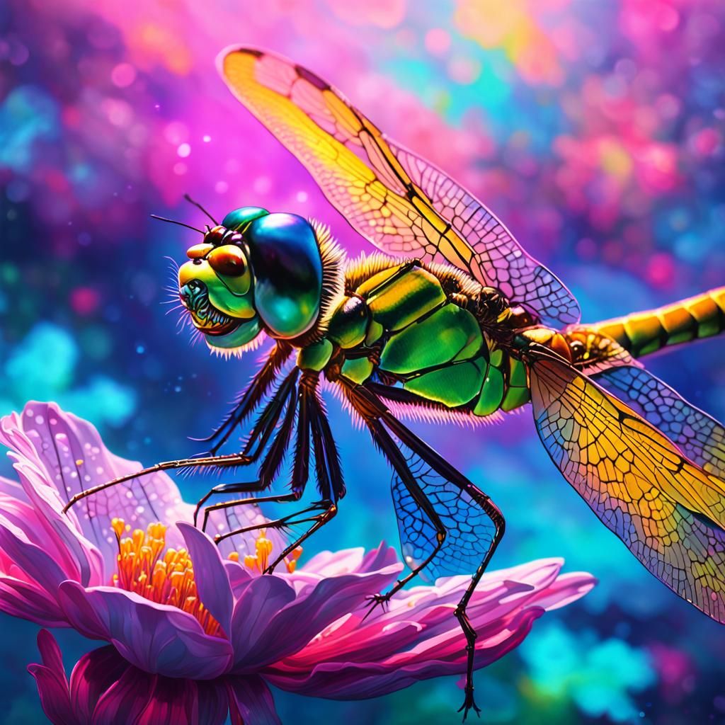 Hyperrealistic Dragonfly on Flower in Splash Art Style