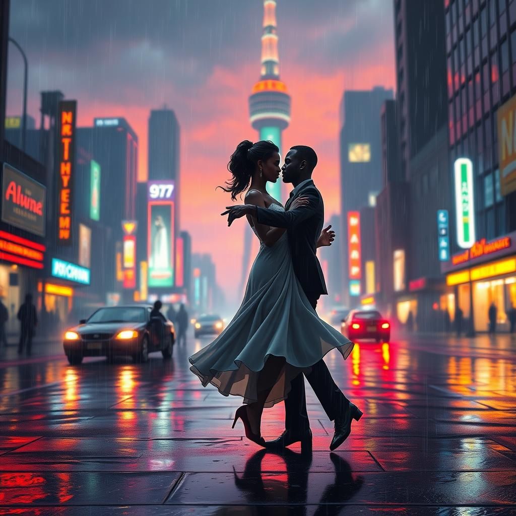 Romantic Waltz in Neon Cityscape: Matte Painting