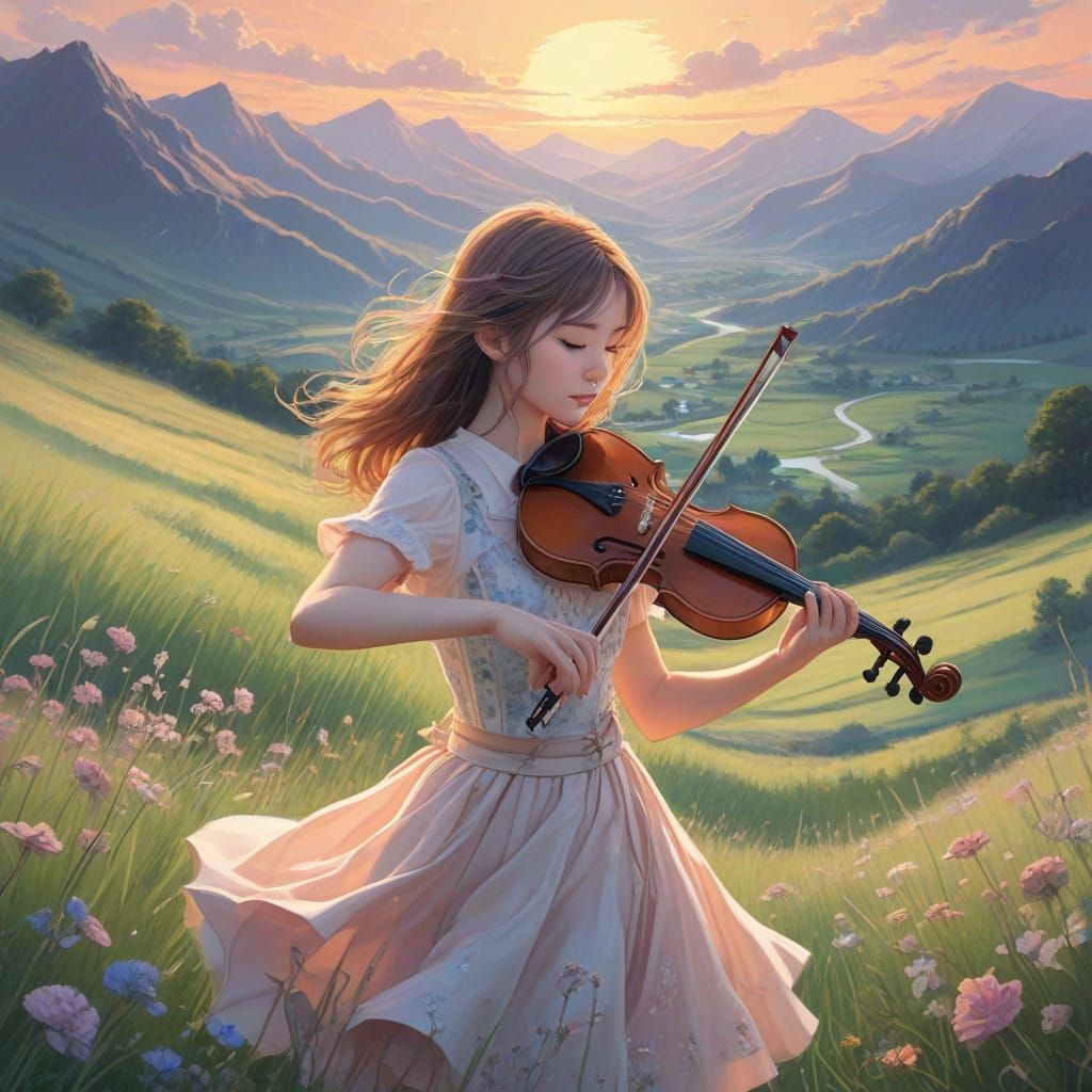 Young Girl Plays Violin in a Vibrant Neo Pop Landscape