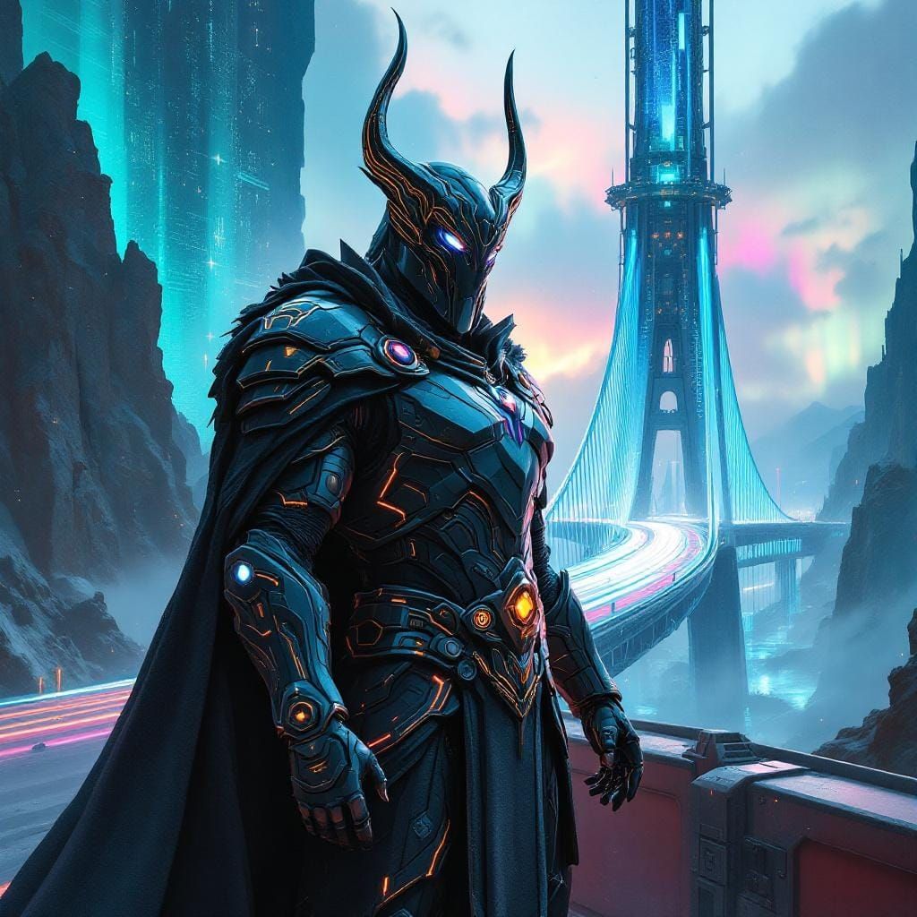 Heimdall at Bifrost Data Bridge in Cyberpunk Style